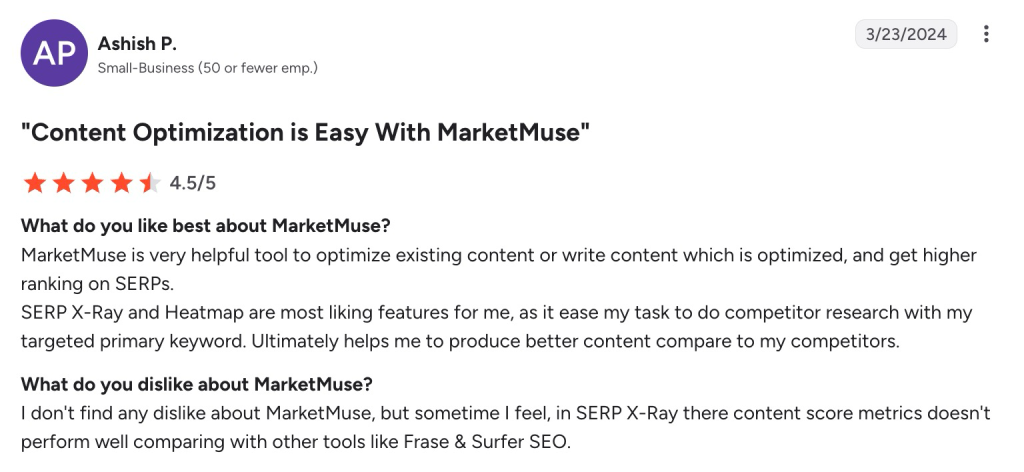 G2 review by Ashish P., rating MarketMuse 4.5/5 for content optimization and SERP research tools.