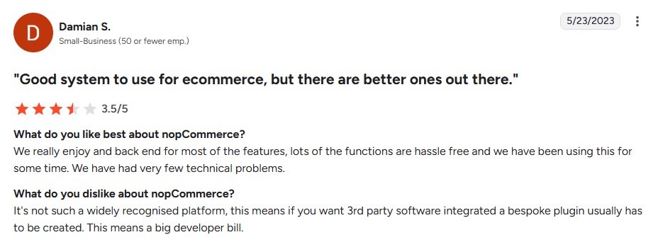 nopCommerce G2 review titled 'Good system to use for ecommerce' rated 3.5 out of 5 by a small-business user.