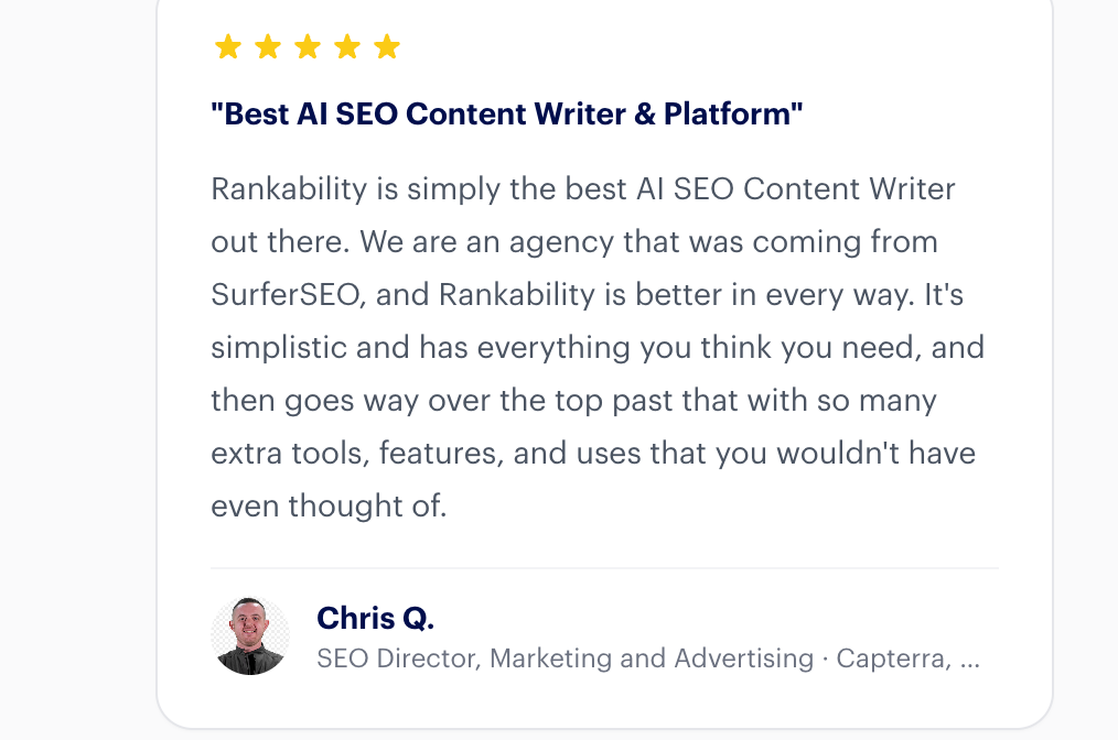 A 5-star review profile from Chris Q., an SEO Director, titled "Best AI SEO Content Writer & Platform."