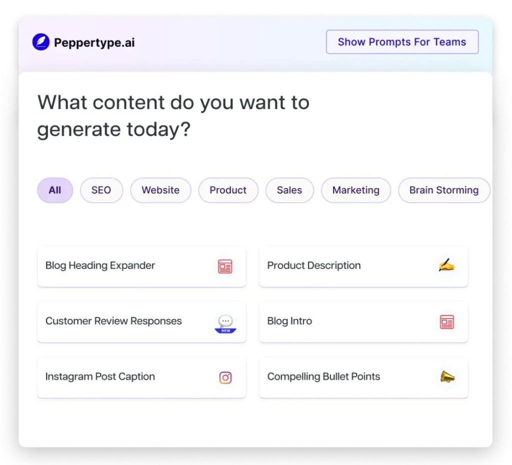 Peppertype.ai dashboard with category filters and AI writing templates including Blog Intro and Product Description.