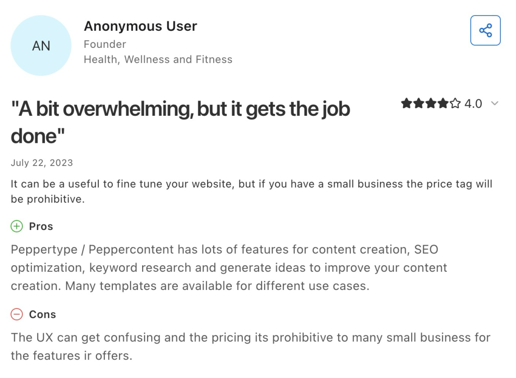 4-star Peppercontent user review citing feature-rich tools, a confusing UX, and prohibitive pricing for small businesses.