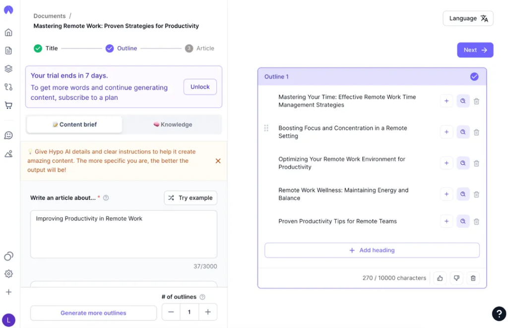 Hypotenuse AI interface showing an auto-generated outline for a remote work productivity article.