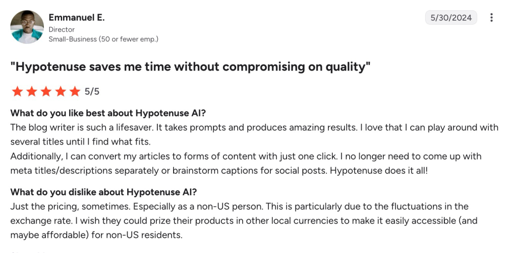 G2 review screenshot showing a 5/5 rating for Hypotenuse AI from a small-business director.