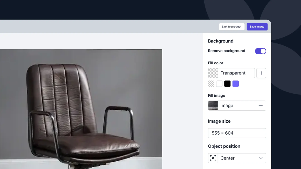 E-commerce image editor interface showing background removal settings for a brown leather office chair.