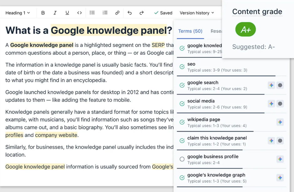 Screenshot of Clearscope’s content grading feature.