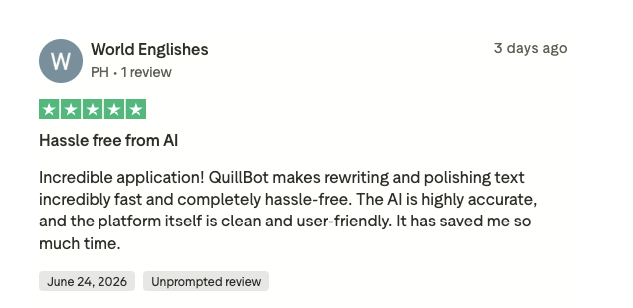 Screenshot of a user’s five-star Trustpilot review for Quillbot.