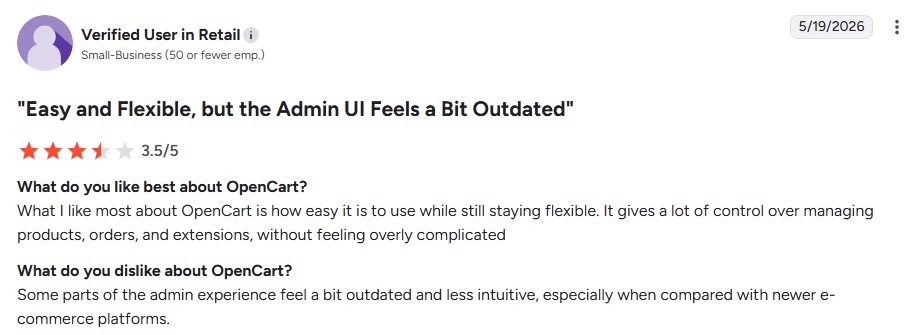 User review of OpenCart rating it 3.5 out of 5 stars, praising its ease of use but noting an outdated admin interface.