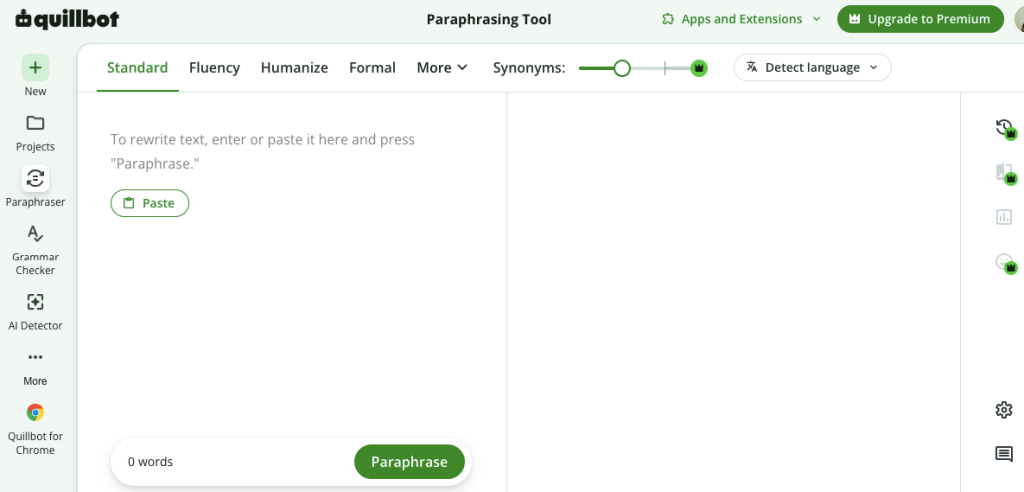 Screenshot of a demo showing Quillbot’s paraphrasing tool, one of its core features.