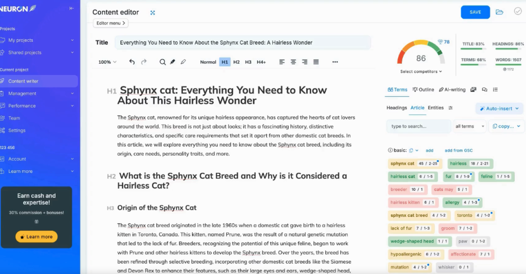 Screenshot of NeuronWriter’s Content Scoring feature.