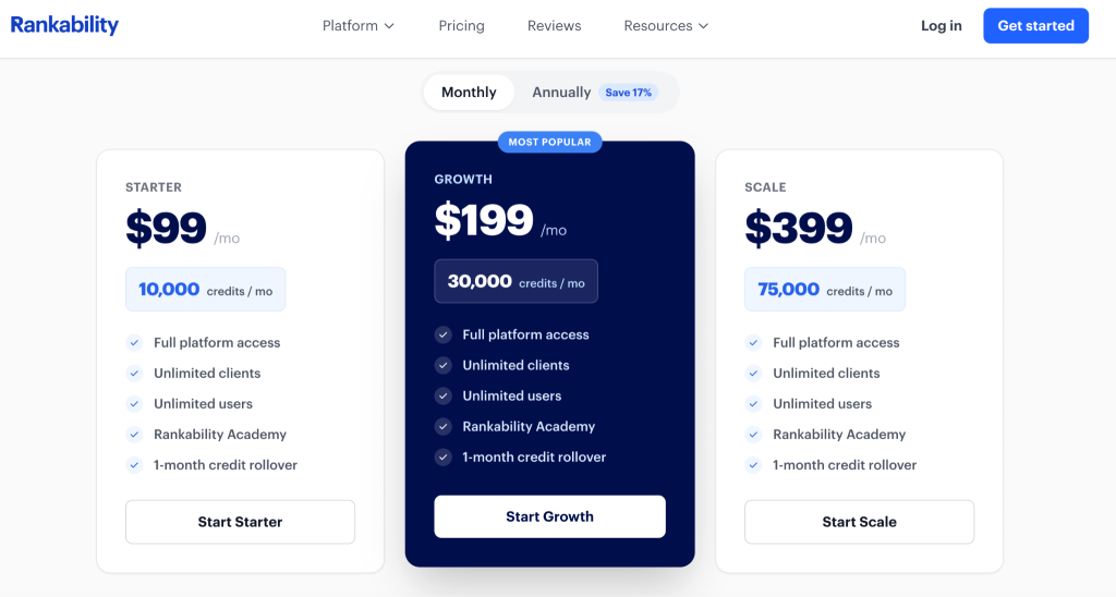 Pricing tier page for Rankability showing three options: Starter, Growth, and Scale.