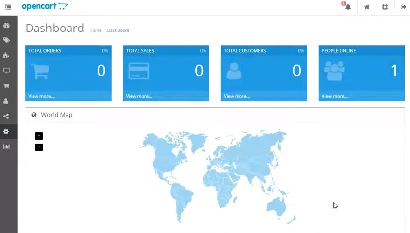 OpenCart admin dashboard displaying total orders, sales, customers, and a world map.
