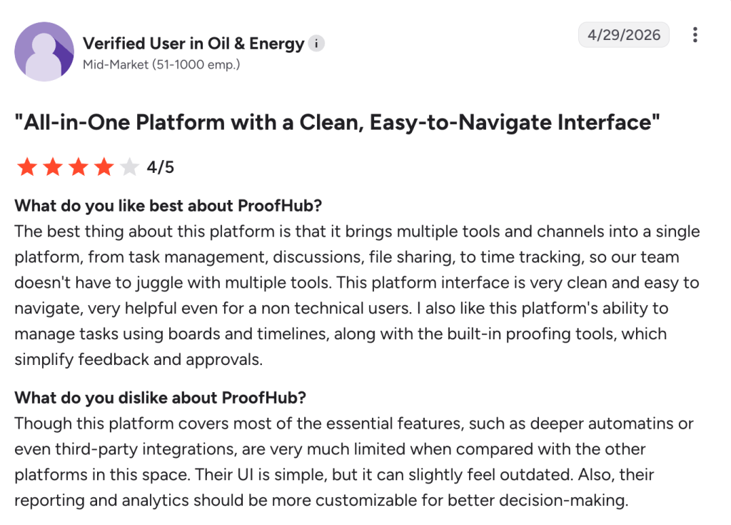 A 4-star G2 Review highlighting ProofHub’s simple and thorough interface
