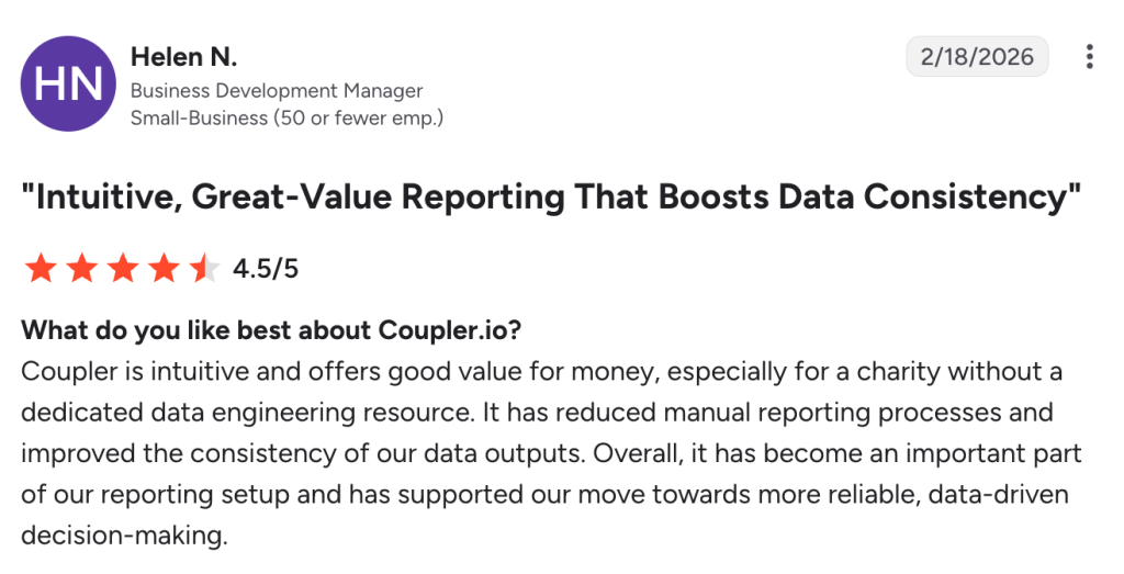 A 4.5-star G2 review highlighting how Coupler.io has simplified the reporting process