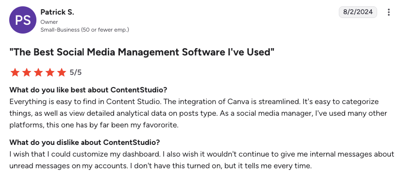 Screenshot of a customer’s five-star review for ContentStudio.