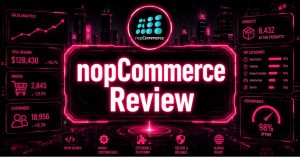 nopCommerce Review, cyberpunk graphic with nopCommerce logo and ecommerce analytics dashboard