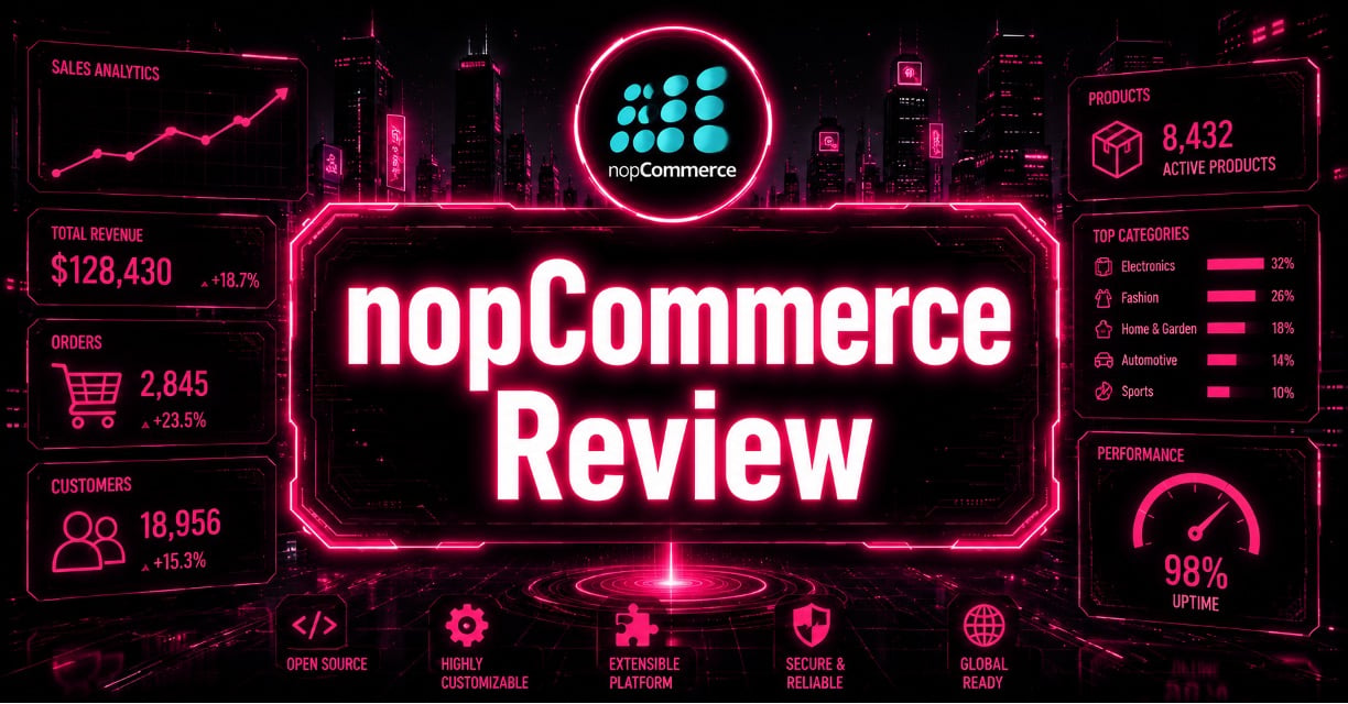 nopCommerce Review, cyberpunk graphic with nopCommerce logo and ecommerce analytics dashboard