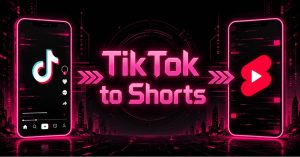 "TikTok to Shorts" in neon pink between two smartphones showing TikTok and YouTube Shorts logos