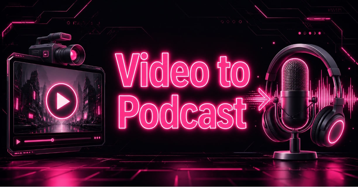 "Video to Podcast" neon graphic showing a video player converting to a podcast mic with headphones