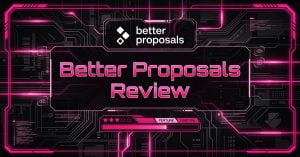Better Proposals Review header graphic with the Better Proposals logo, neon pink circuit patterns, and star rating on a dark cyberpunk background