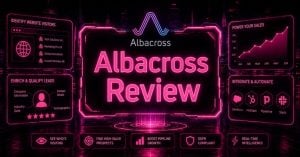 Cyberpunk Albacross logo with neon pink futuristic interface background design