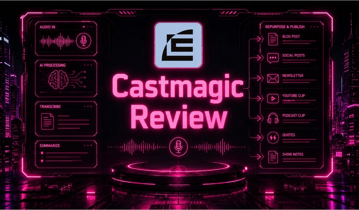 Cyberpunk Castmagic graphic with microphone, headphones, and glowing audio waveforms