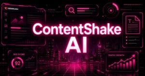 Cyberpunk ContentShake AI graphic with Semrush branding and SEO analytics