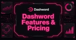 Cyberpunk Dashword features and pricing interface with neon pink graphics