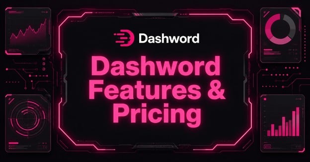 Cyberpunk Dashword features and pricing interface with neon pink graphics