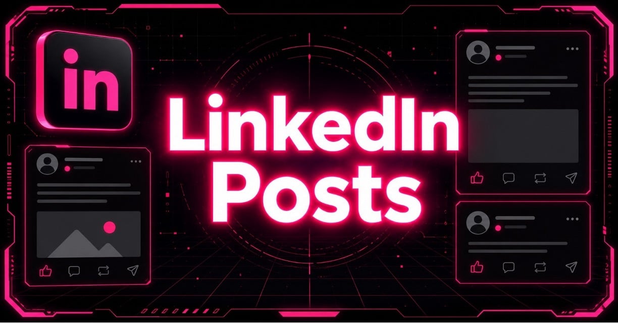 Cyberpunk LinkedIn Posts graphic with neon interface and social panels