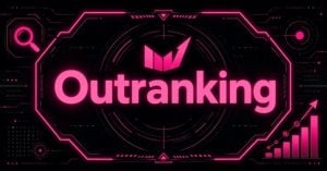Cyberpunk Outranking SEO tool title graphic with SEO analytics elements