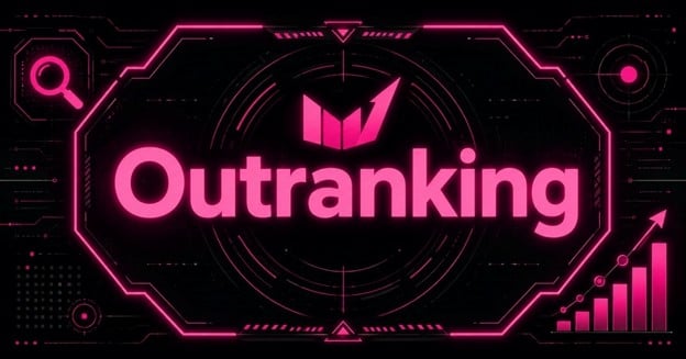 Cyberpunk Outranking SEO tool title graphic with SEO analytics elements