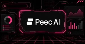 Cyberpunk Peec AI dashboard with glowing search analytics