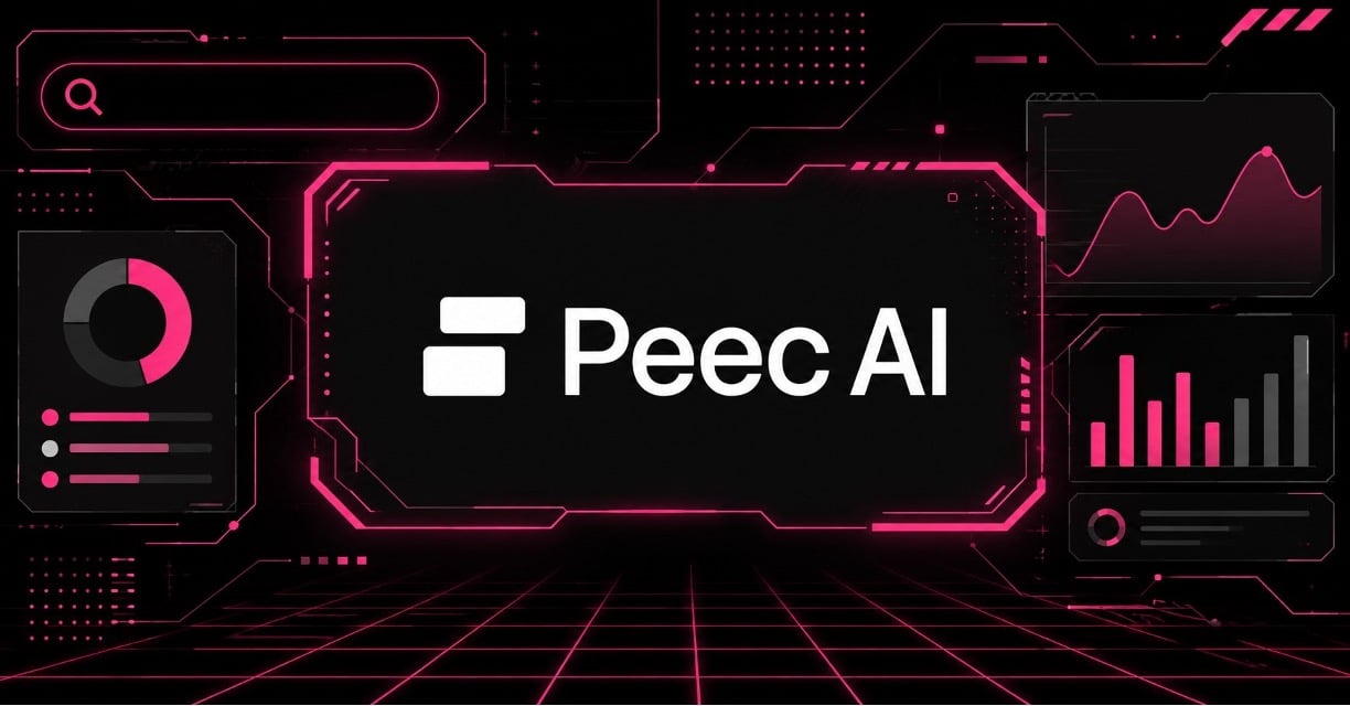 Cyberpunk Peec AI dashboard with glowing search analytics