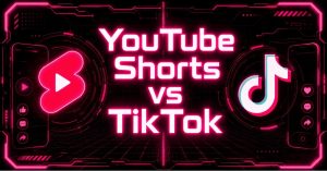 Cyberpunk YouTube Shorts versus TikTok graphic with neon platform icons