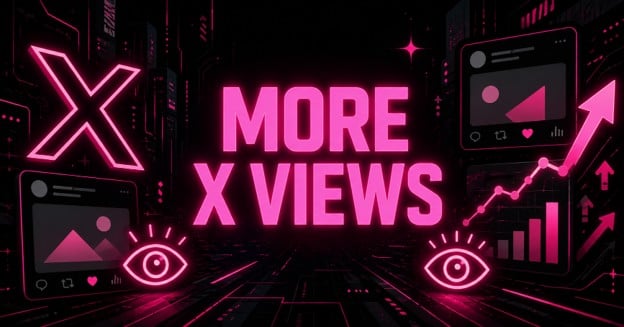 Cyberpunk-style banner reading MORE X VIEWS with the X logo, social post mockups, and a rising engagement chart