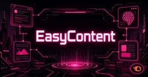 EasyContent logo displayed in a cyberpunk interface with content workflow visuals
