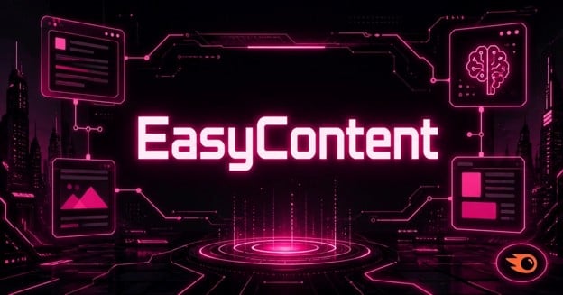 EasyContent logo displayed in a cyberpunk interface with content workflow visuals