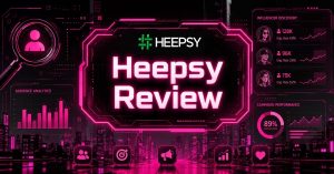 Heepsy Review hero image displaying influencer profiles, audience analytics charts, and campaign performance metrics.