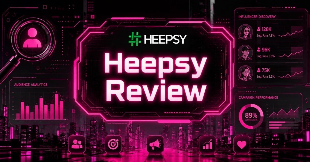 Heepsy Review hero image displaying influencer profiles, audience analytics charts, and campaign performance metrics.