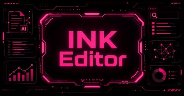 INK Editor AI SEO writing tool displayed in a cyberpunk interface