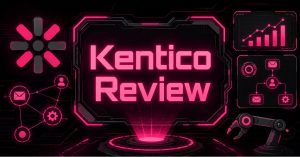Kentico Review header graphic with neon pink analytics, automation, and workflow icons on dark background