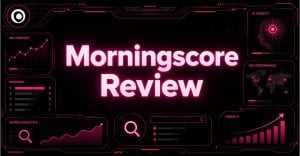 Morningscore Review hero graphic with the Morningscore logo, SEO overview charts, rankings panel, search analytics, AI visibility, and GEO performance map