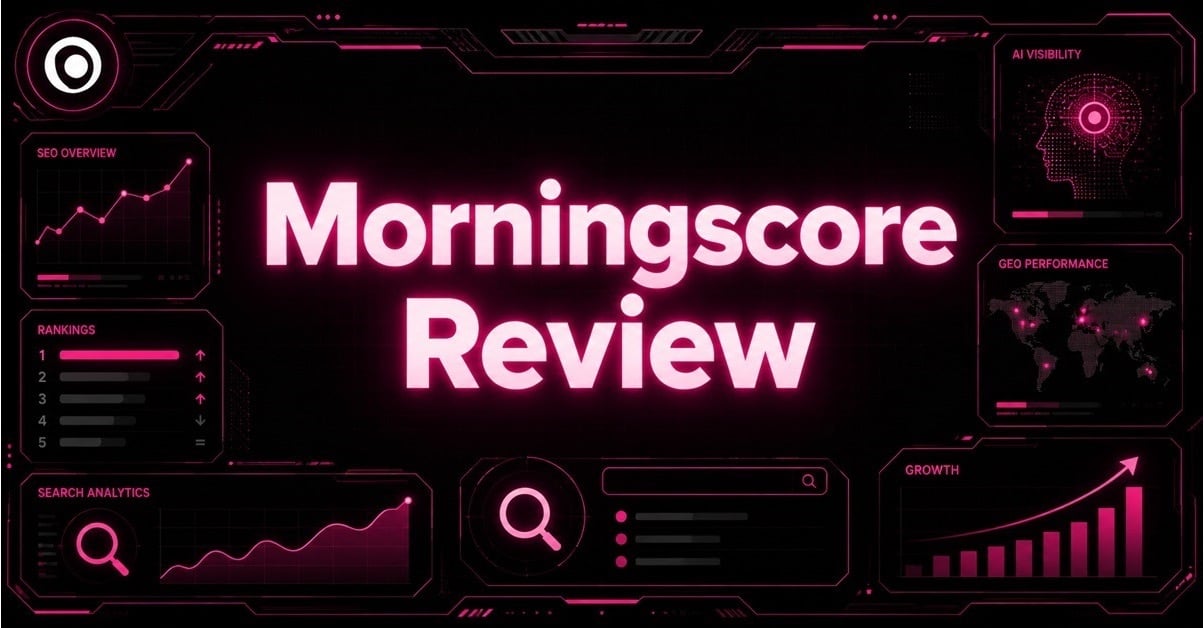 Morningscore Review hero graphic with the Morningscore logo, SEO overview charts, rankings panel, search analytics, AI visibility, and GEO performance map