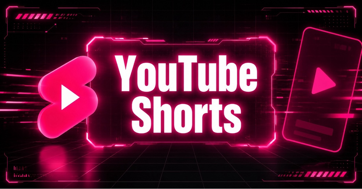 Neon YouTube Shorts graphic with cyberpunk icons and glowing interface