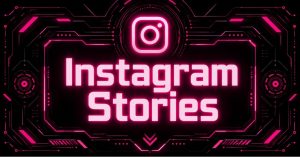Neon cyberpunk Instagram Stories graphic with glowing logo and futuristic interface