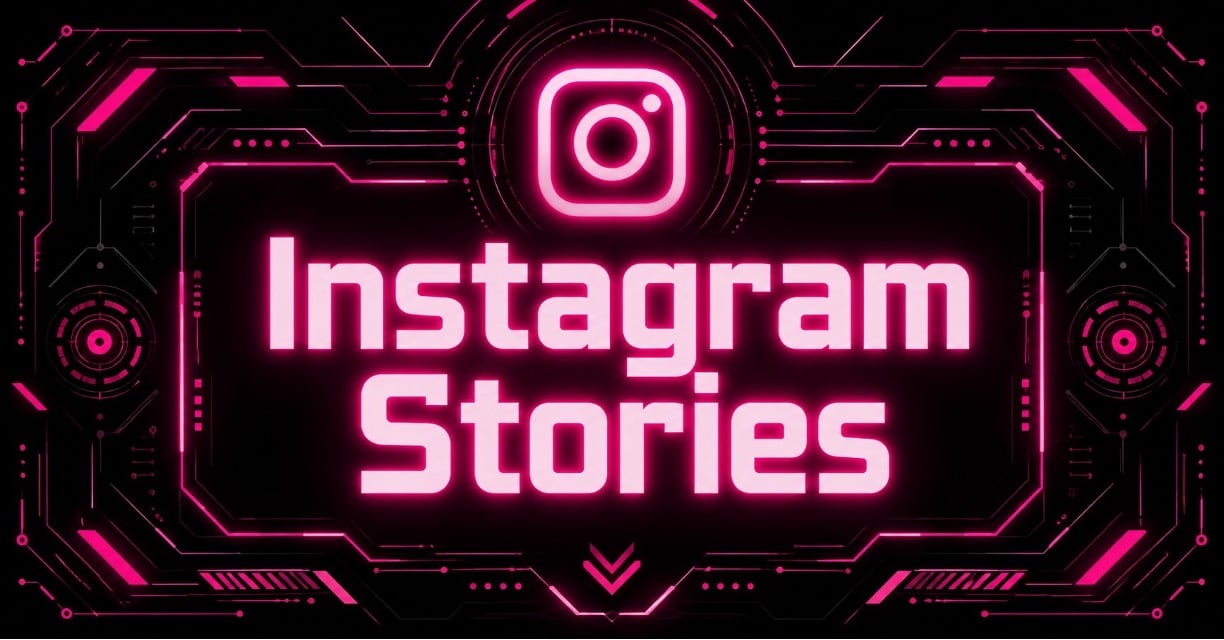 Neon cyberpunk Instagram Stories graphic with glowing logo and futuristic interface