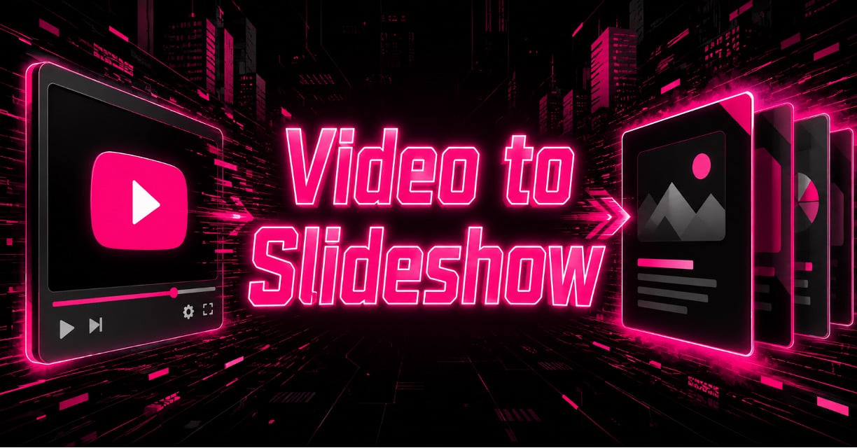 Neon-pink graphic showing a video player transforming into slide cards with the text "Video to Slideshow