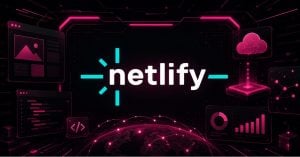 Netlify logo set against a pink and black cyberpunk, futuristic background