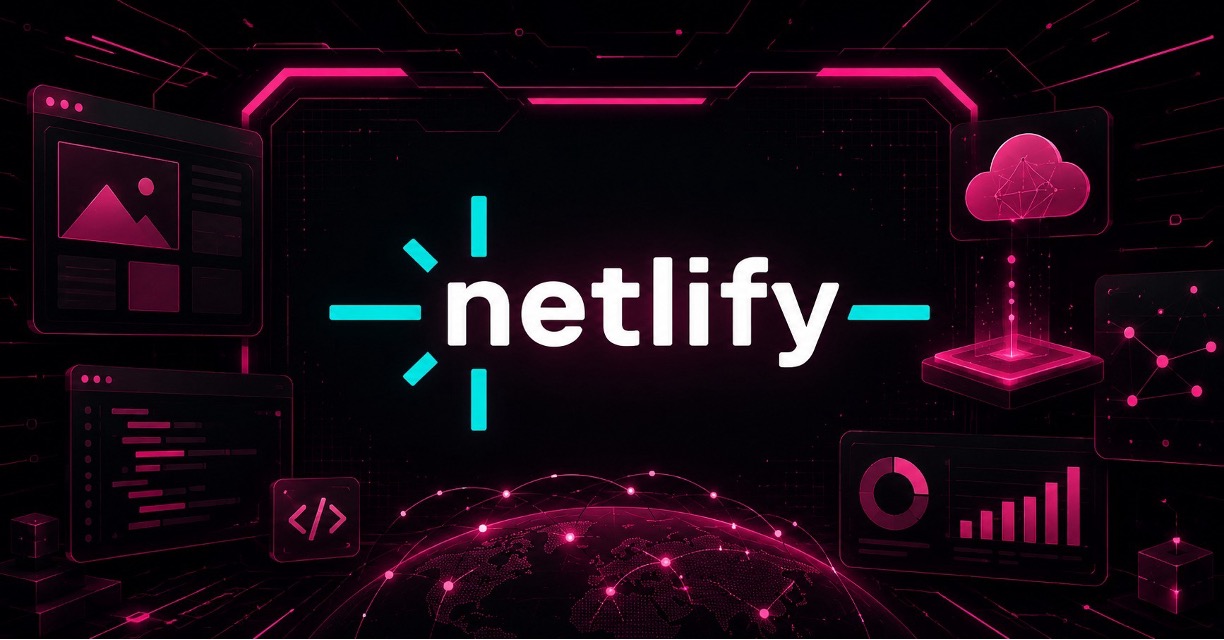 Netlify logo set against a pink and black cyberpunk, futuristic background