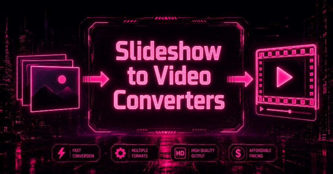 Cyberpunk-style illustration of a slideshow-to-video conversion process with neon pink text reading "Slideshow to Video Converters," showing image slides transforming into a video player against a black and grey futuristic background.